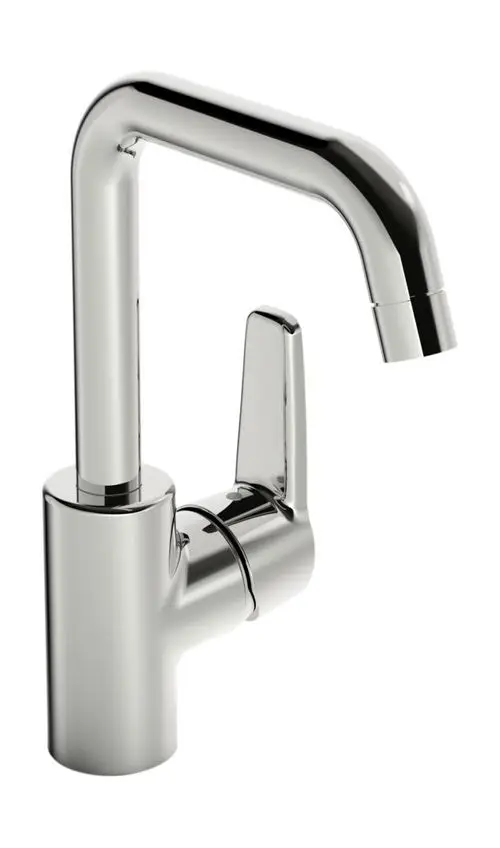 Einhebelmischer in Chrom von HANSA mit gewölbtem Auslauf und fester Montagebasis, geeignet für Waschtische. Schlichte, moderne Form.